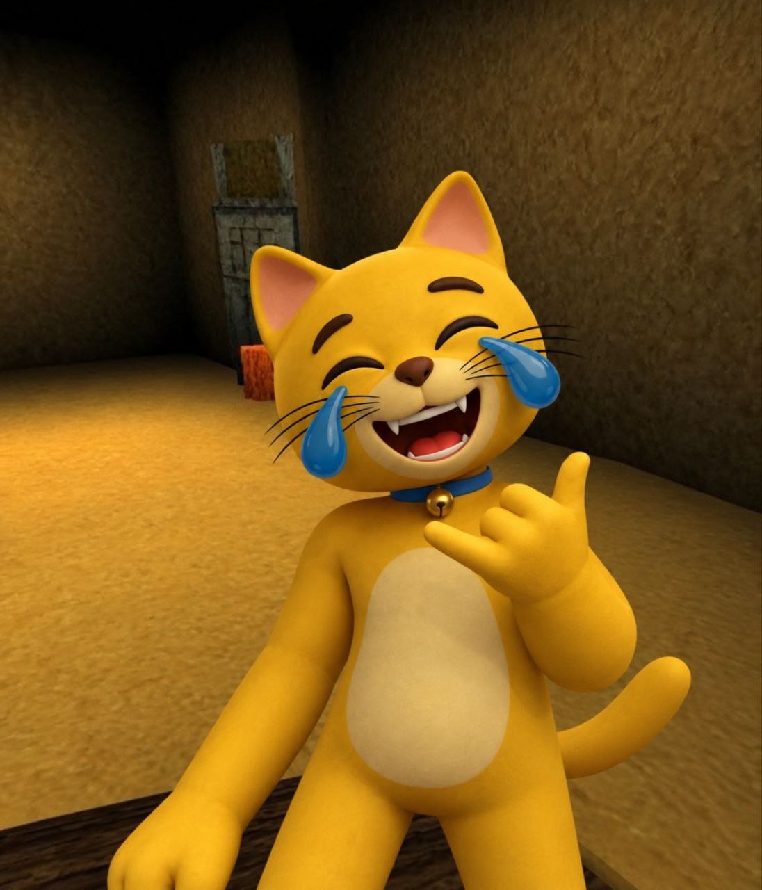 LMEOW laughing with big blue tears, a blue collar and a golden bell, striking a pose in a warm cave